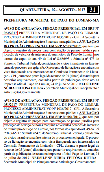 Os avisos foram publicados no Diário Oficial na última quarta-feira, dia 02.