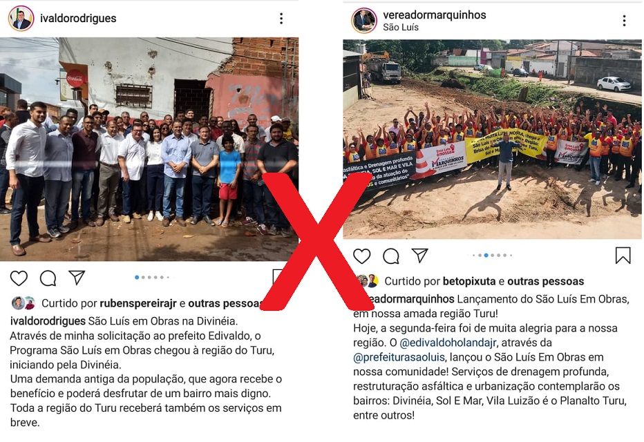 Ivaldo e Marquinhos fizeram postagem no Instagram com seus grupos políticos durante o inicio dos serviços da vala de esgoto...