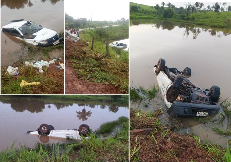 Motorista perdeu o controle e carro foi parar dentro de um açude...