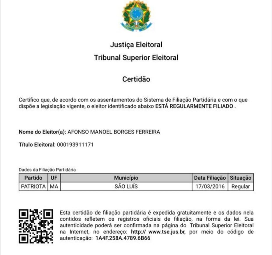 Certidão que comprova Afonso Manoel no Patriota...