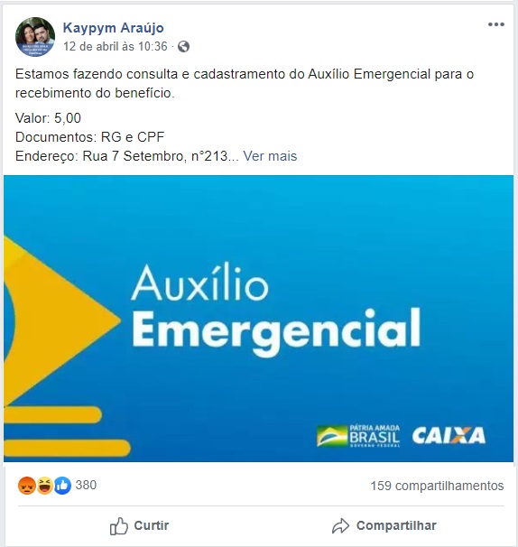 Morador de Pio XII fez o anúncio da cobrança pelo cadastro do Auxilio Emergencial em uma postagem no Facebook.