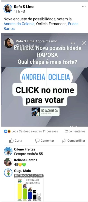 Publicação de Gugu Maia ocorreu por meio de comentário na postagem da senhora Rafa S Lima, depois, a arte da pesquisa publicada por ele ganhou as demais redes sociais...