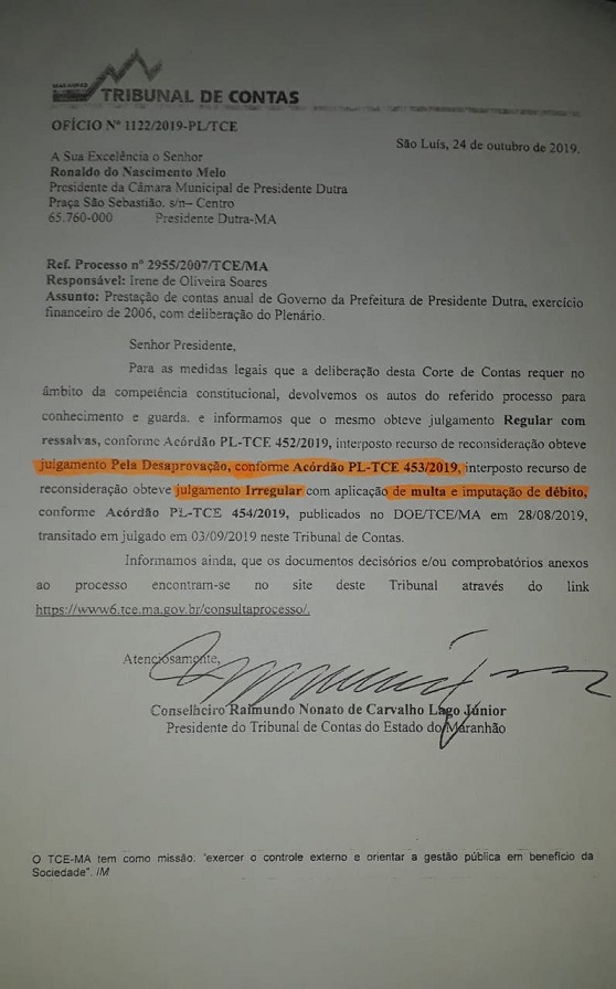 Parecer técnico emitido pelo Tribunal de Contas do Estado – TCE, opinando pela reprovação de contas de Irene Soares.