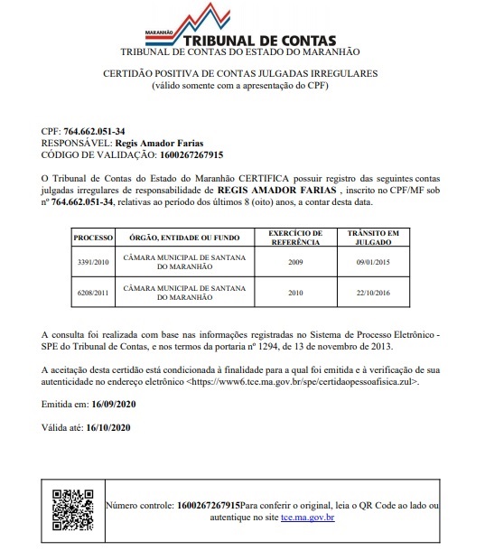 Certidão atesta que Reginho não pode ser candidato nestas eleições...