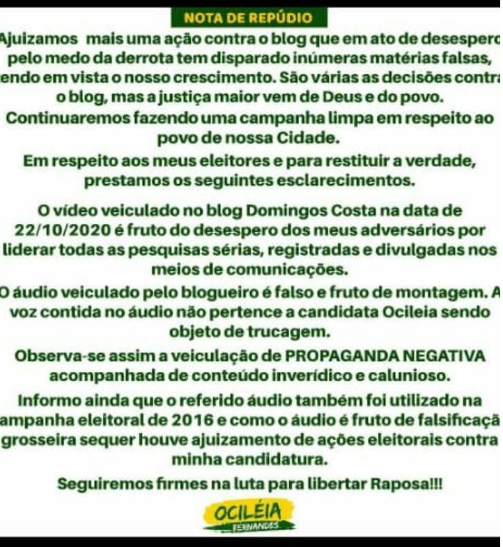 Nota de Ociléia é "fake news" puro!!!