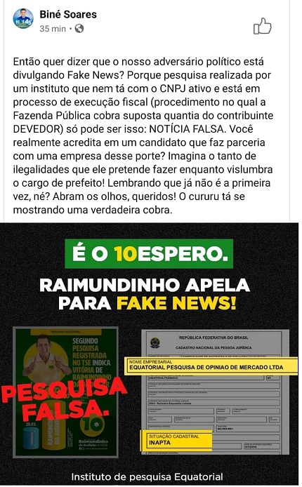 Fake News publicada pelo candidato Biné Soares nesta segunda(20)...