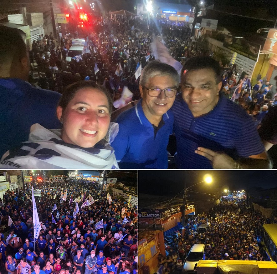 Prefeita Talita, Eudes Barros e Josimar fazem sinal de vitória durante comício na Praça Central...