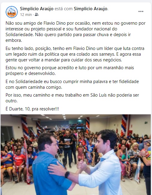 Declaração de apoio de Simplício veio pelas redes sociais...