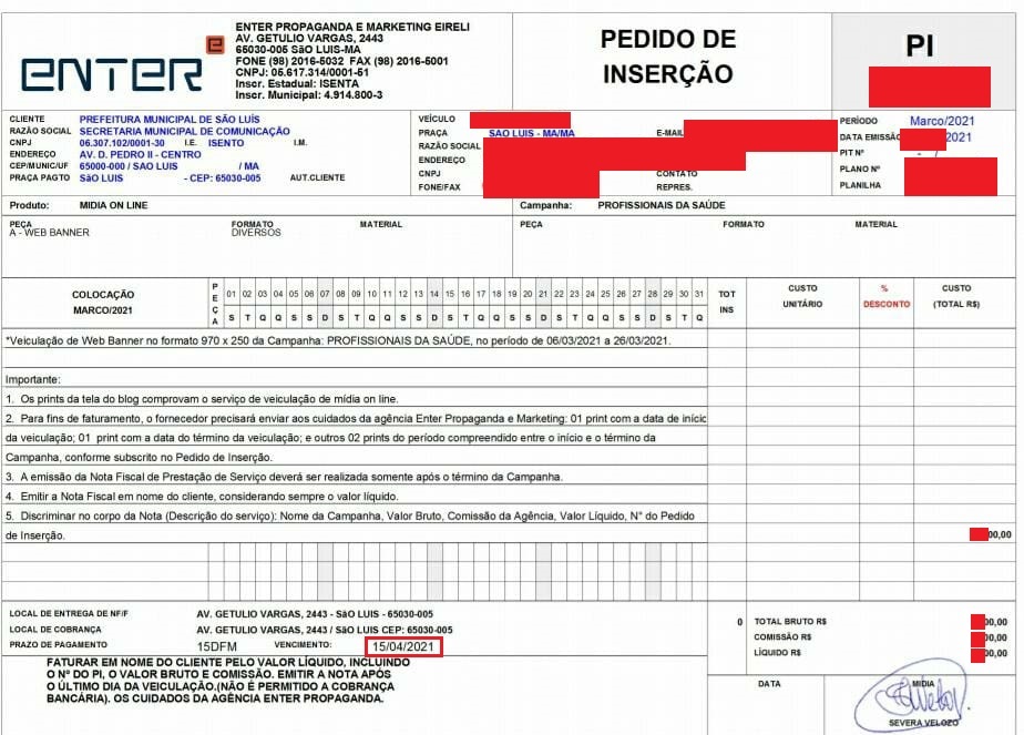 Dados do "cliente" contratado pela Enter a pedido da gestão Braide foram rabiscado para manter o sigilo da fonte...