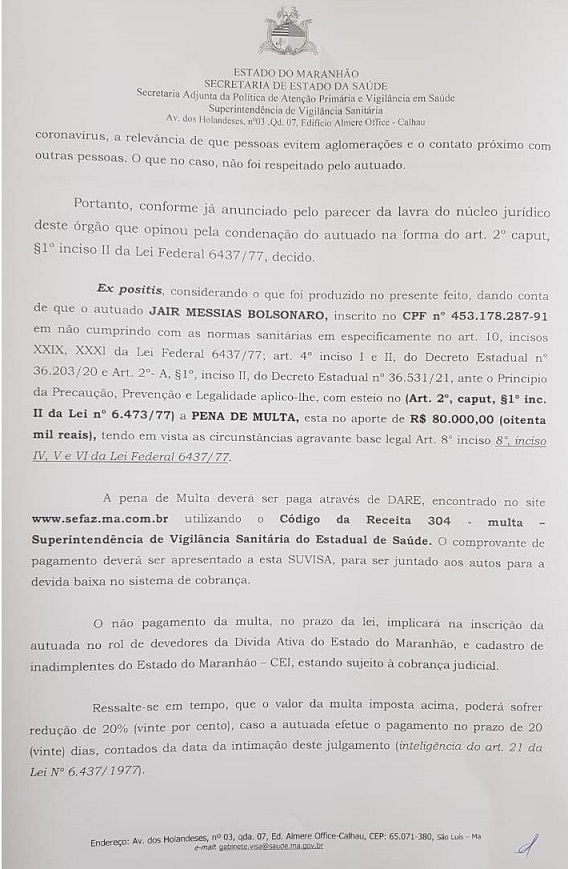Documento no qual a Vigilância do MA multa o presidente da Republica.