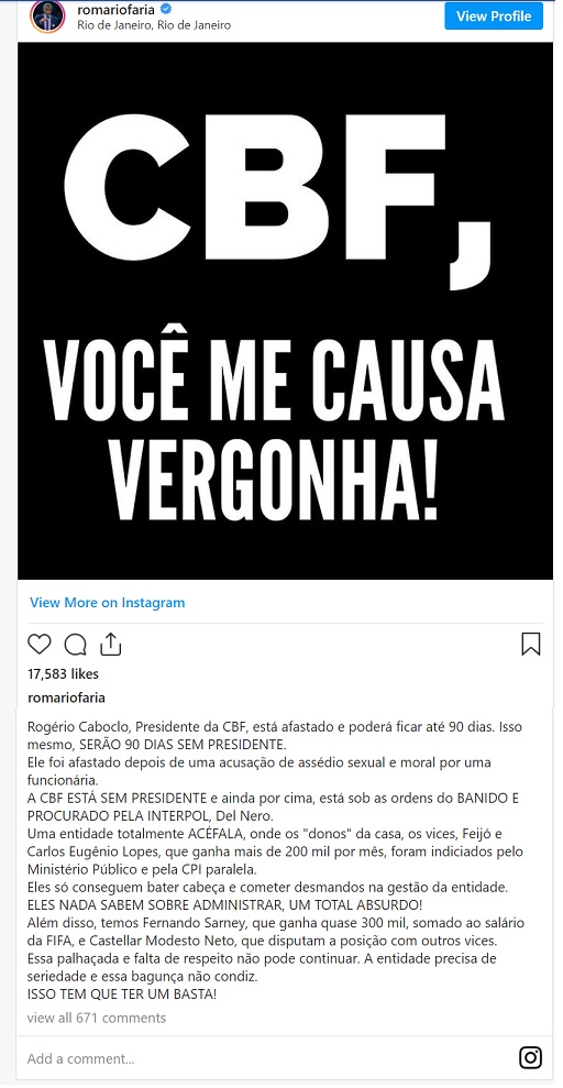 Postagem de Romário foi pelo Instagram nesta quinta-feira...