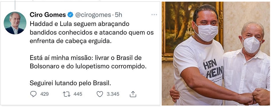 Na semana passada Lula esteve em São Luís e abraçou Weverton Rocha, do mesmo partido de Ciro, o PDT...