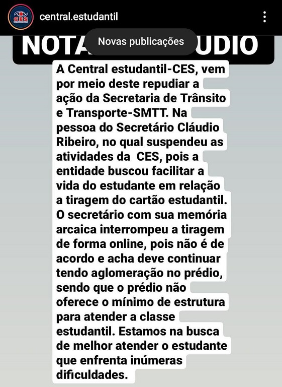 Nota de repúdio da CES contra o secretário da SMTT, Cláudio Ribeiro...