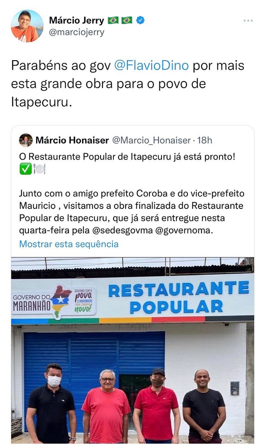 Jerry corrigiu Honaiser pelas redes sociais; mérito do restaurante popular de Itapecuru é do governador Flávio Dino!