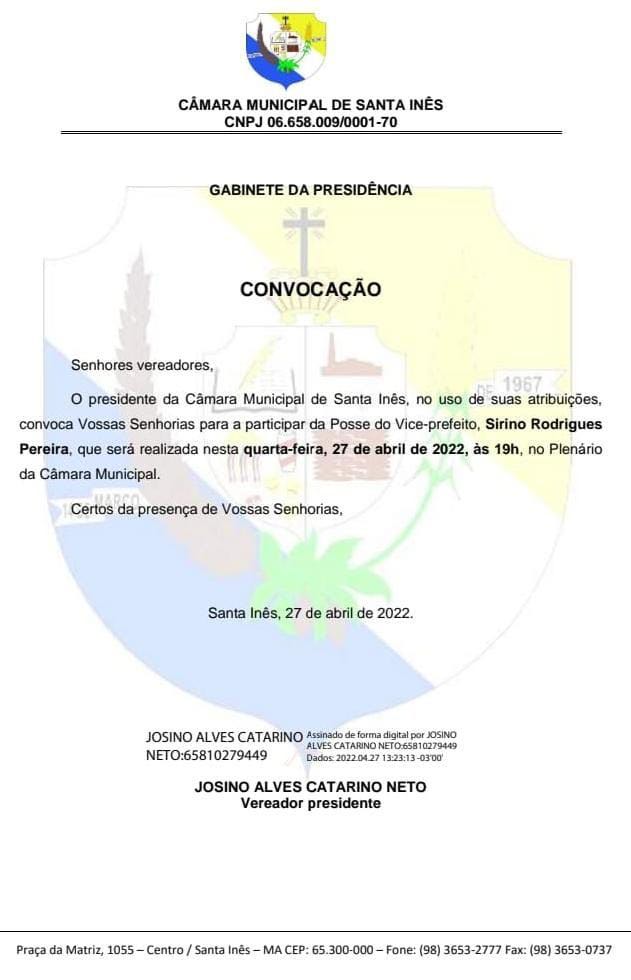 Presidente da Câmara de Santa Inês já convocou o vice para tomar posse como prefeito...