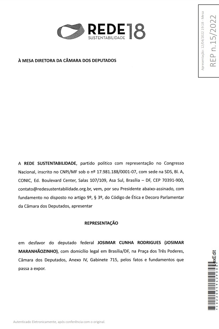 Página inicial da Representação nº 15/2022 da Rede Sustentabilidade contra Josimar...