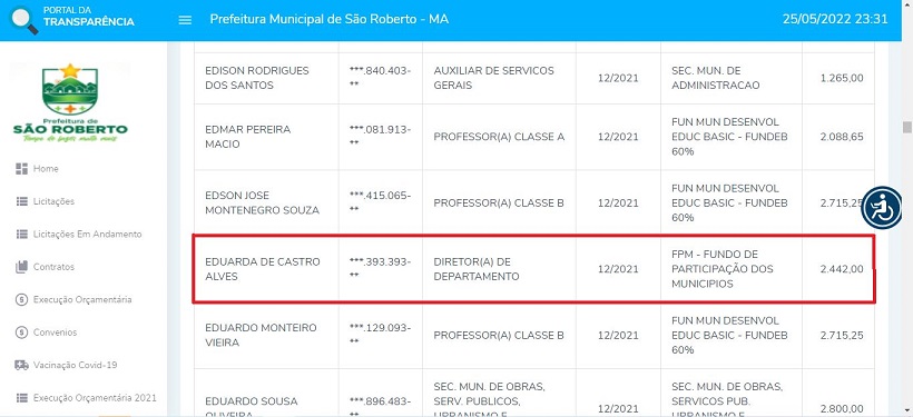Dados do portal de transparência da prefeitura mostram o nome da filha da secretária como funcionária fantasma...