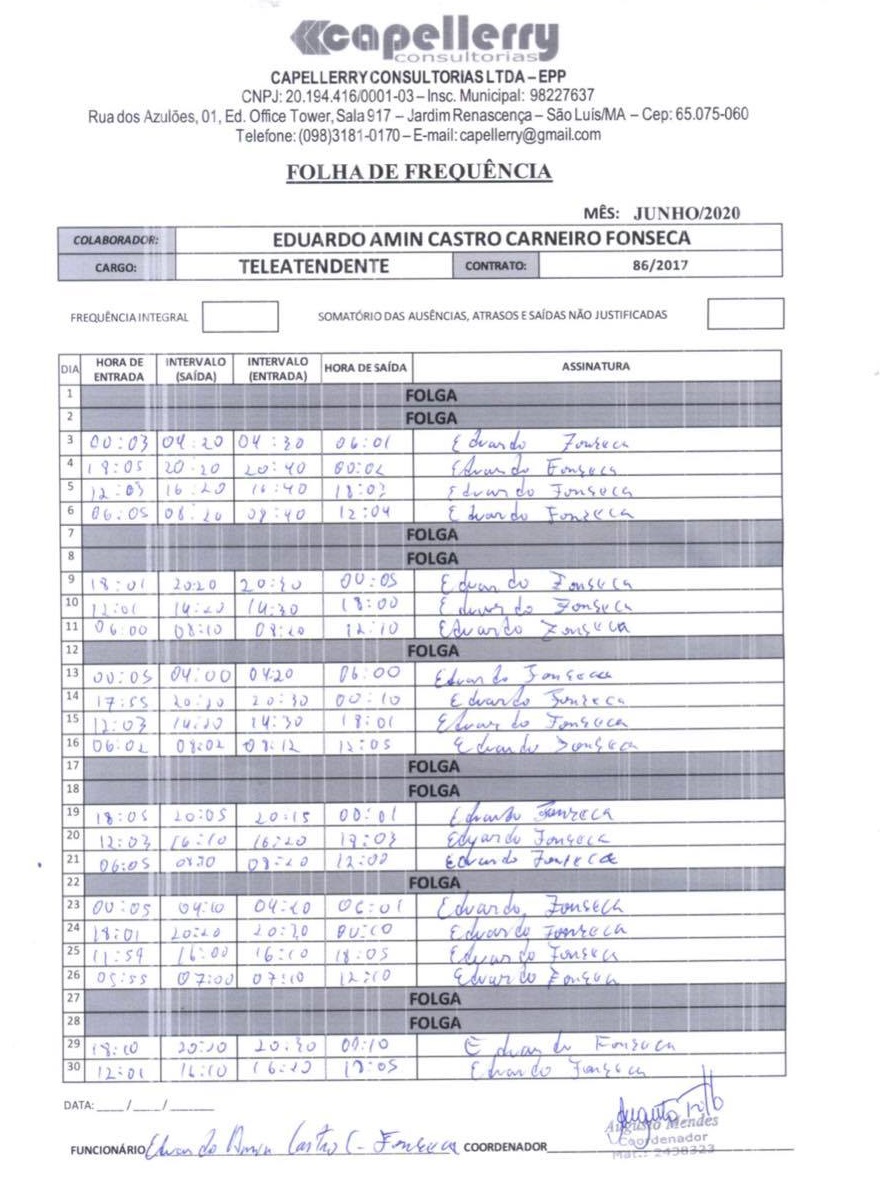 Horário alternado da escala na folha de frequência do Disque Denúncia coincide com os turnos das aulas do filho da assessora de Portela no Ceuma.