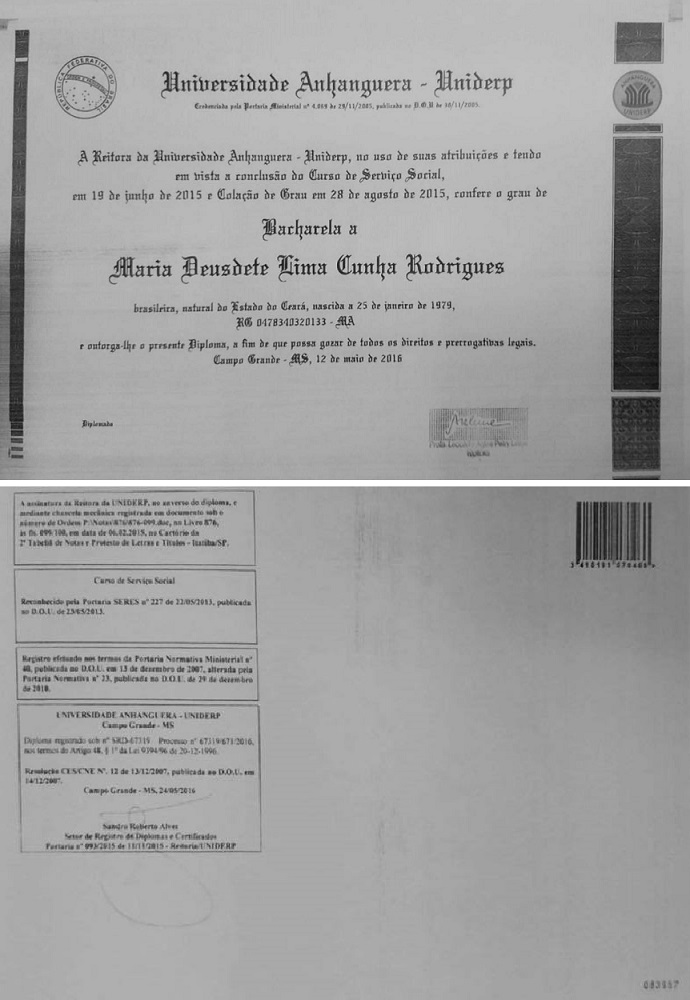 Diploma da deputada Detinha em Serviços Sociais é também da Universidade Anhanguera – Uniderp, unidade de Campo Grande no Mato Grosso do Sul