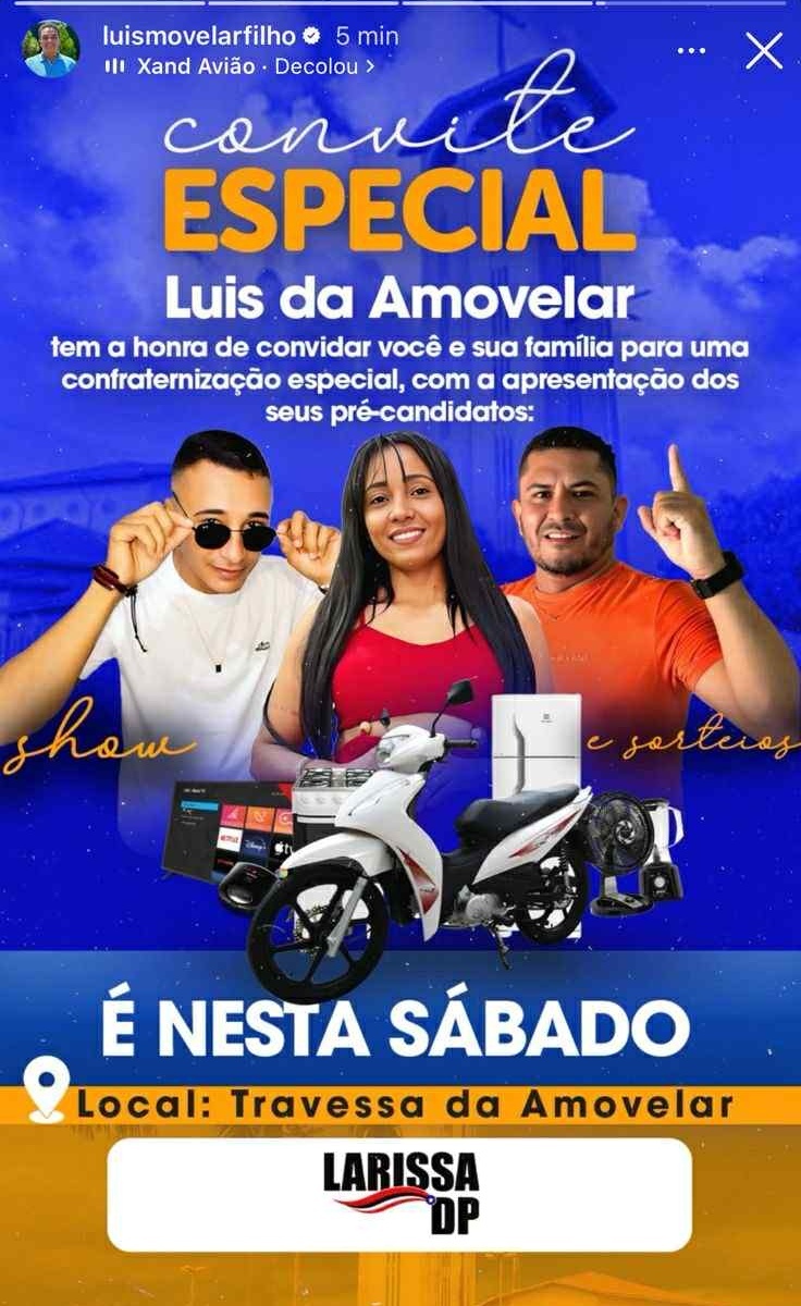 Para atrair público, houve anúncio do sorteio de uma moto e banda no evento de Larissa DP em Coroatá.