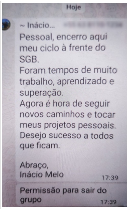 Mensagem enviada pelo presidente do SGB, Inácio Cavalcante, aos diretores da estatal