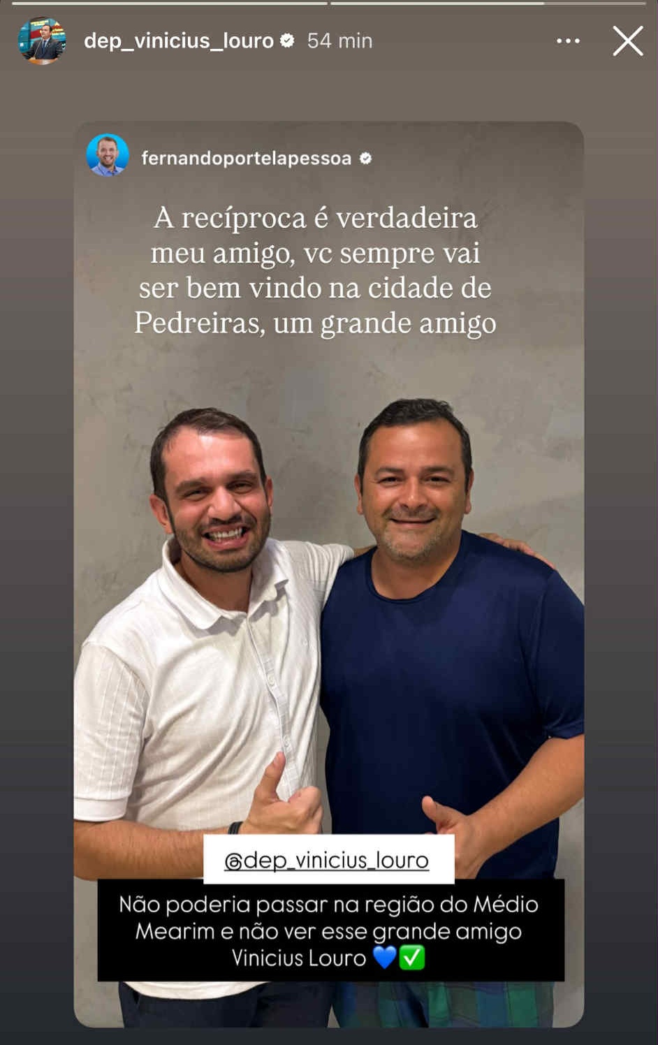 Amigos desde quando foram deputados juntos, Vinicius e Louro poderão fazer campanha para a mesma estadual em 2026.