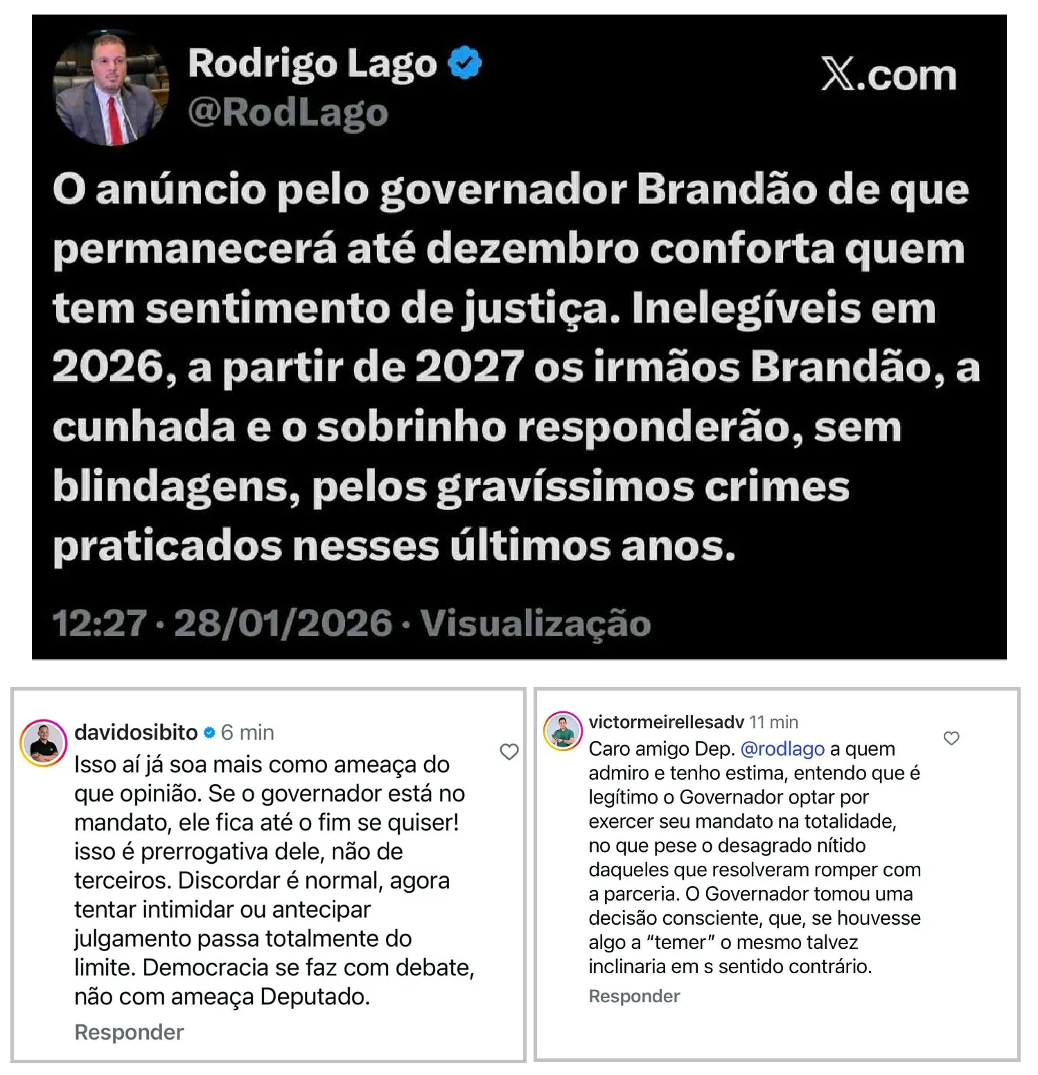 Internautas reagiram nos próprios comentários de Rodrigo Lago. 