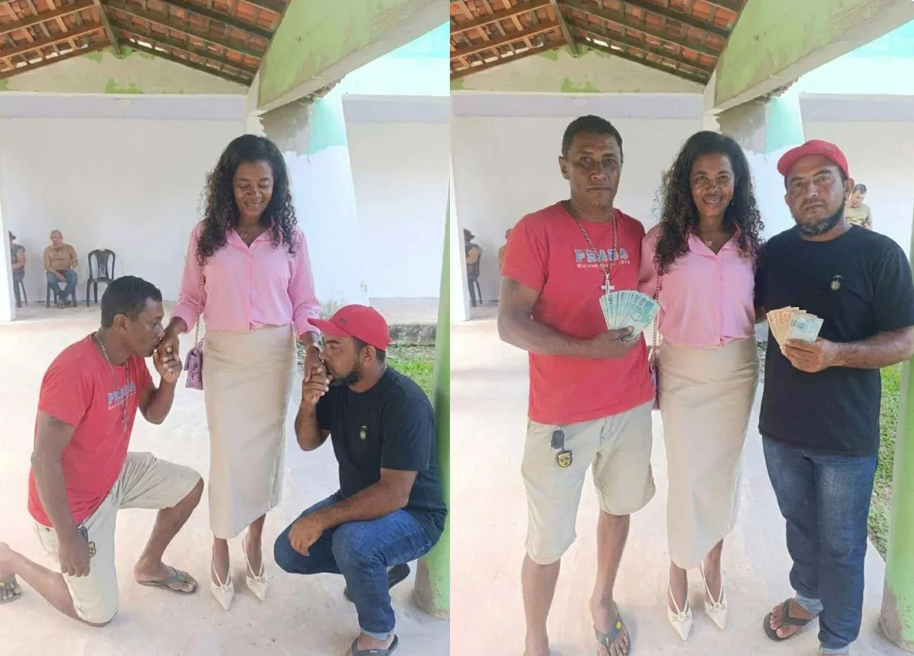 Servidores públicos municipais comissionados beijam as mãos da prefeita Lacerda e, depois, exibem dinheiro ao lado da gestora.