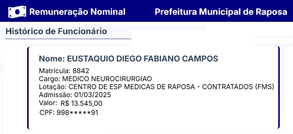 Dados do Portal de Transparência da Prefeitura de Raposa atestam que médico preso em Turilândia é funcionário da gestão Eudes Barros.