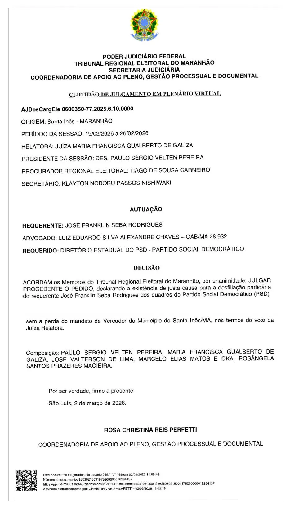 Certidão de liberação de desfiliação do vereador Gugu Seba.