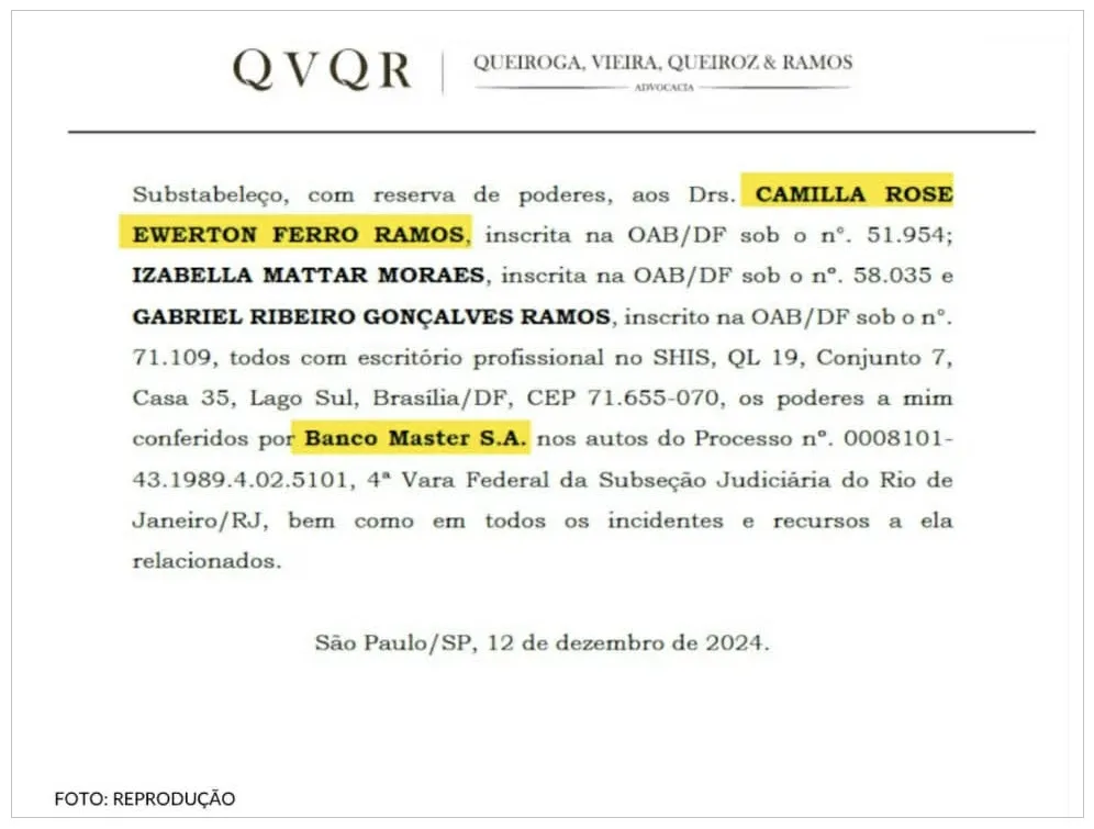 No STJ, Camilla consta como advogada do Banco Master, ligada a Vorcaro, em três processos sobre recuperação de créditos no setor de álcool.