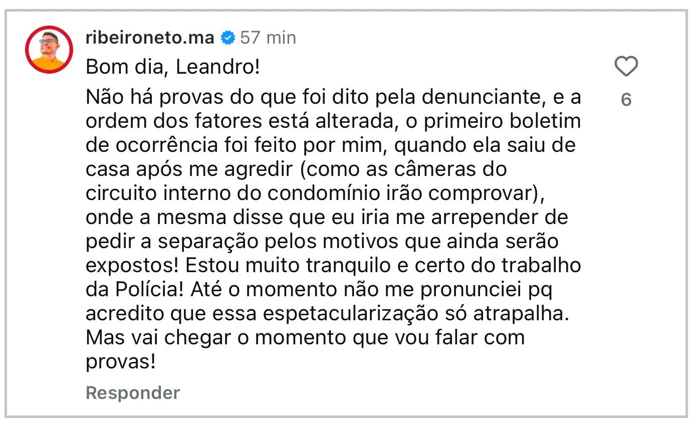 Comentário de Ribeiro Neto feito em uma publicação do site Marrapá, cujo editor é o jornalista Leandro Miranda.