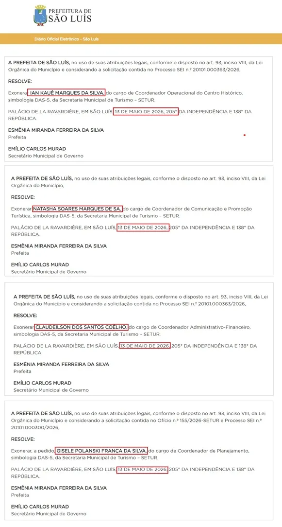 Exonerações foram publicadas no Diário Oficial.