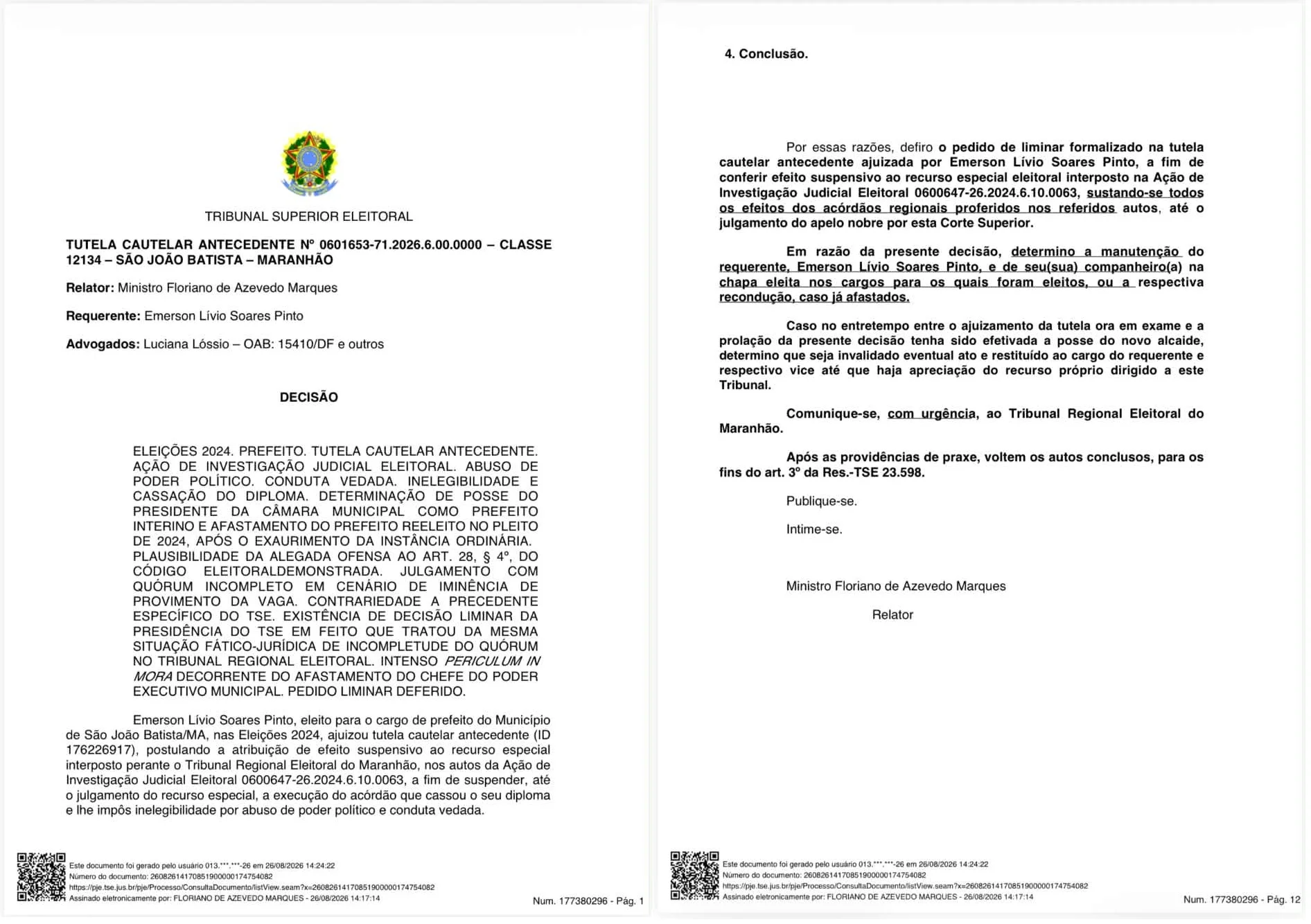 A primeira e a última pagina, do total de 12, da decisão que retorna Mecinho ao cargo em São João Batista.