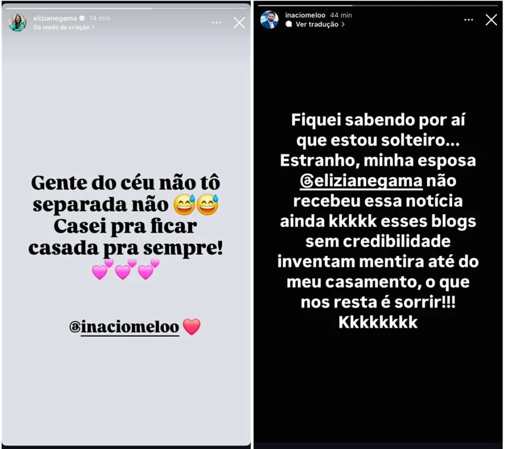 Eliziana Gama e Inácio Melo publicam storys e negam separação