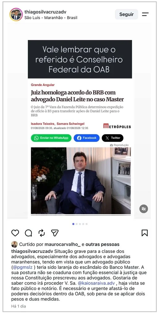 Pedido do advogado Thiago Silva Cruz contra Daniel Leite foi feito pelas redes sociais.