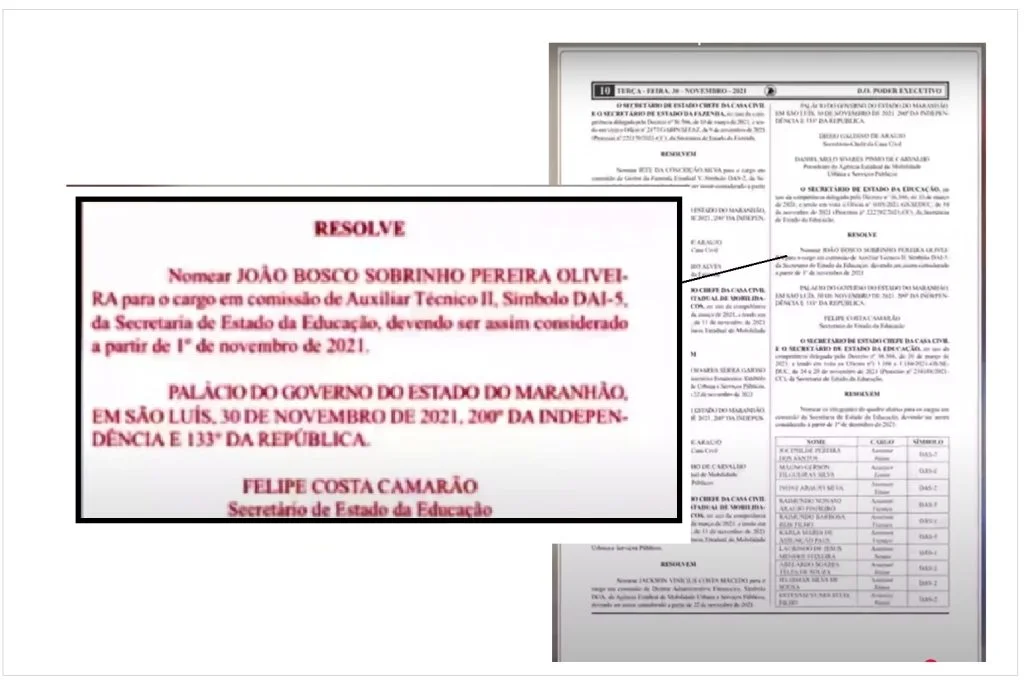 Camarão nomeou João Bosco Sobrinho Pereira na Seduc em novembro de 2021 no cargo de Auxiliar Técnico II, Simbolo DAI-5.