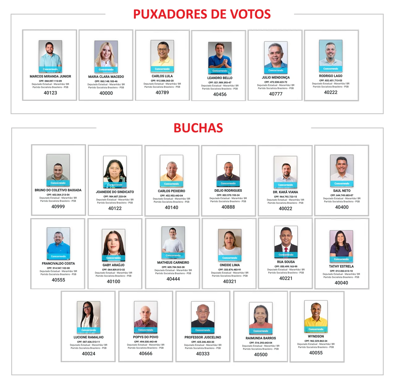 Relação dos candidatos a deputados estaduais do PSB nestas eleições.