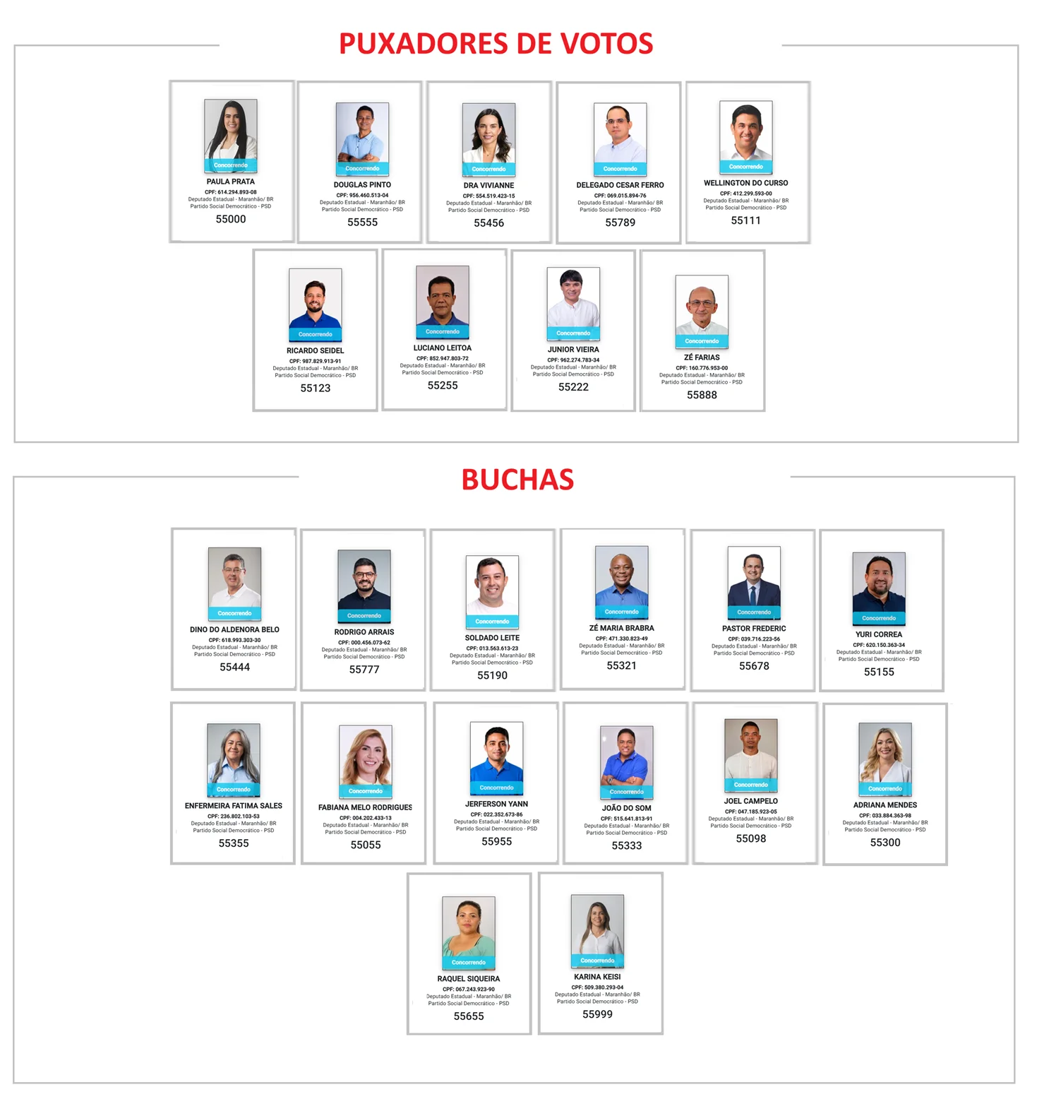Relação dos candidatos a deputados estaduais do PSD nestas eleições.