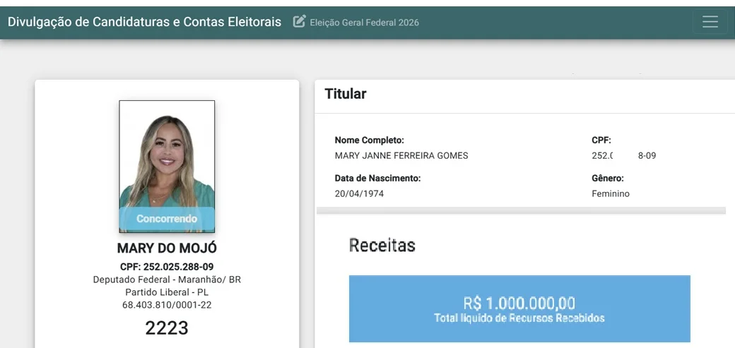 Dinheiro recebido por "Mary do Mojó" já consta no sistema da Justiça Eleitoral.
