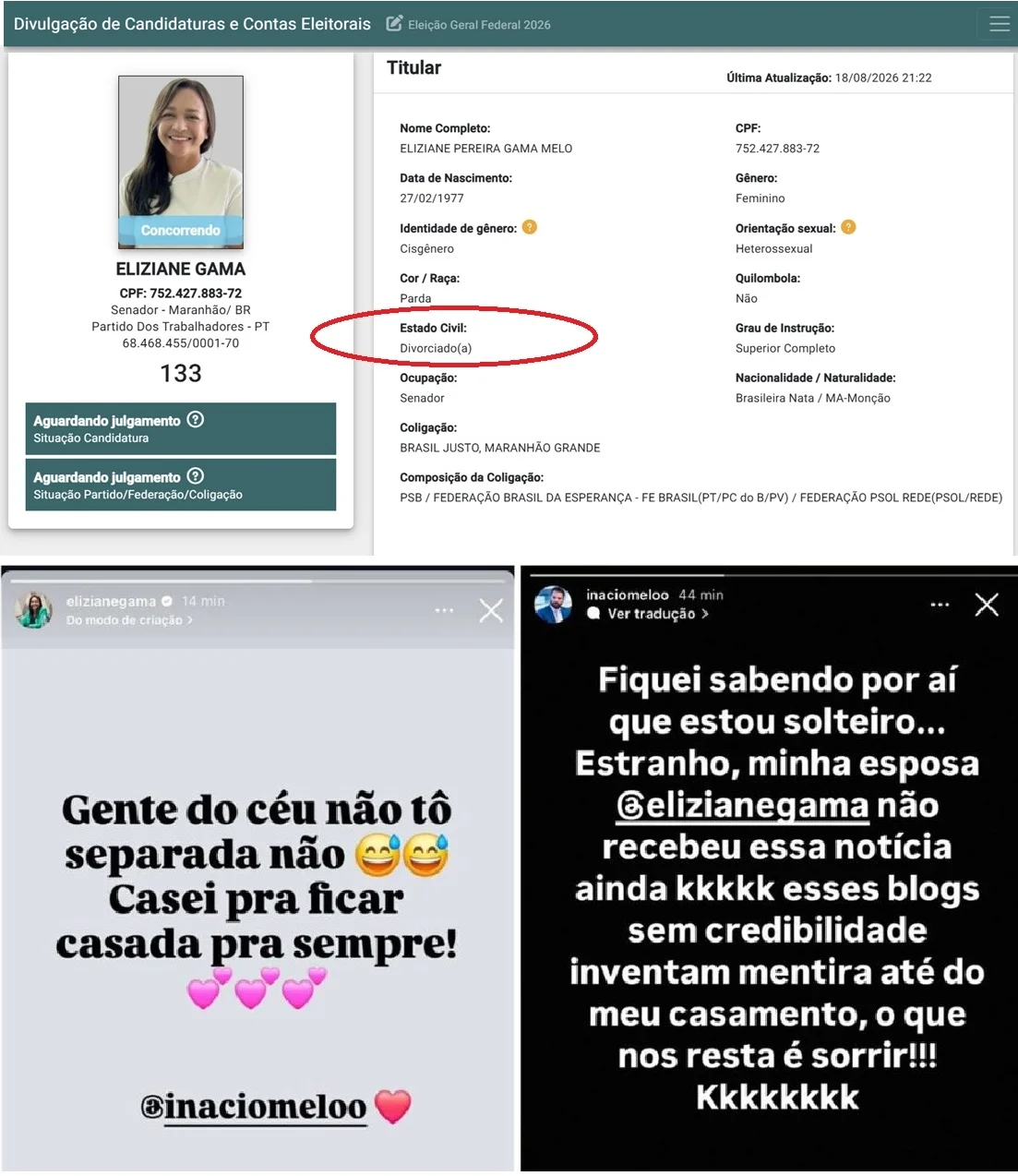 Senadora Eliziane diz que está divorciada à Justiça Eleitoral, mas nas redes sociais sustenta que não está separada de Inácio Melo.