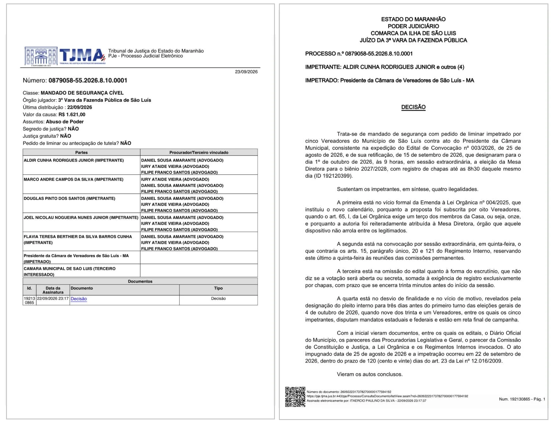 Trecho da decisão que suspende eleição da Mesa Diretora de São Luís.
