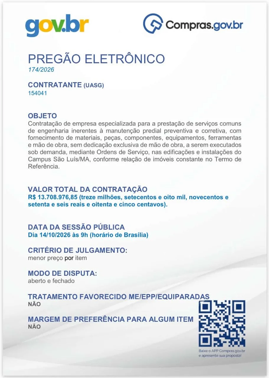Trecho do PREGÃO ELETRÔNICO Nº 174/2026 relativo ao Processo Administrativo n°. 23115.019717/2026-81.